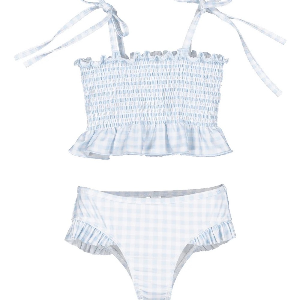 Sal & Pimenta Girls Smocked Bikini Bathing Suit - Light Blue Gingham Size 8T